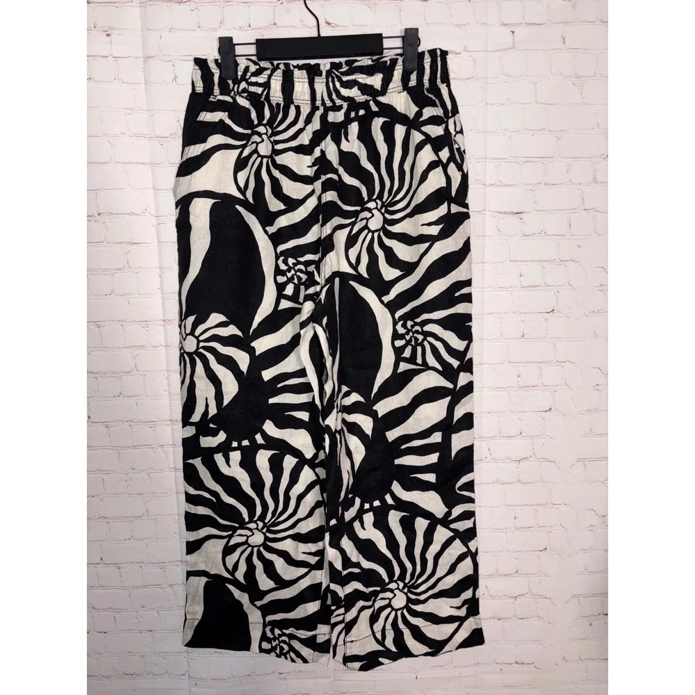 HM Premium Selection Natural Linen Wide Leg Pants Black White Swirl Shell M
